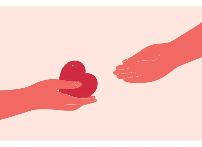 Heart is passing from hand to hand. Volunteer or friend shares empathy and support for needy person. Concept of social aid, psychological help, donation and charitable. Vector illustration.